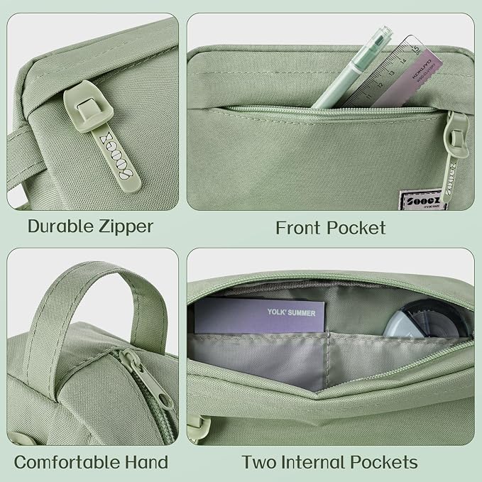 Sooez Original High Capacity Pencil Case, Big Pencil Bag Pouch Box Organizer Pen Case, Aesthetic Supply for Girls Adults, Portable Journaling Supplies with Easy Grip Handle & Loop, Olive Green