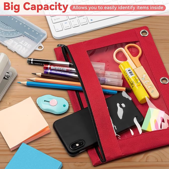 Pencil Pouch for 3 Ring Binder, Bulk 36 Pack 3-Holes Zipper Pencil Pouches in Assorted Colors, Sturdy and Durable Cloth Pencil Holder with Clear Window for Office School College Supplies (36)