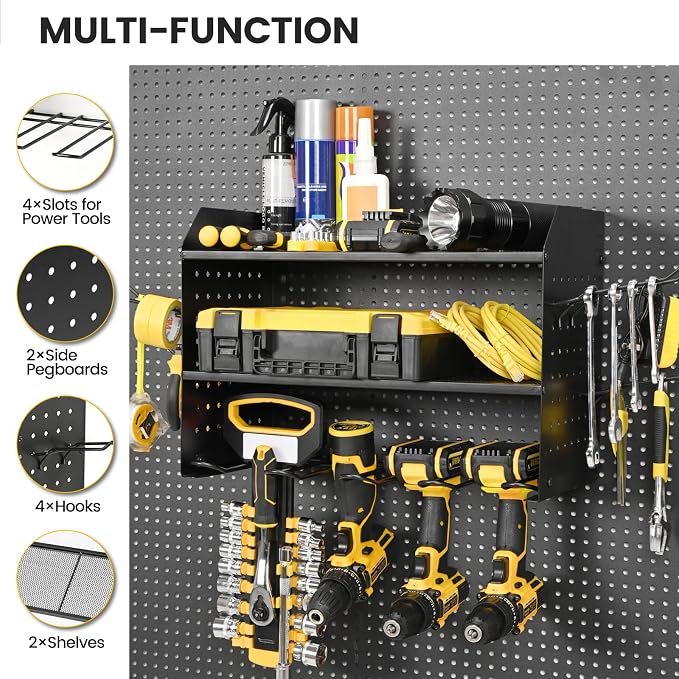 TRZZ Power Tool Organizer Wall Mount, 3-Layer Drill Holder with 2 Side Pegboards, Cordless Drill Rack with 4 Hooks, Efficient Storage for Workshop, Garage, and Tool Room (Black) | 2 Side Pegboards, 4 Hooks, Cordless Drill Holder, Efficient Storage, for...