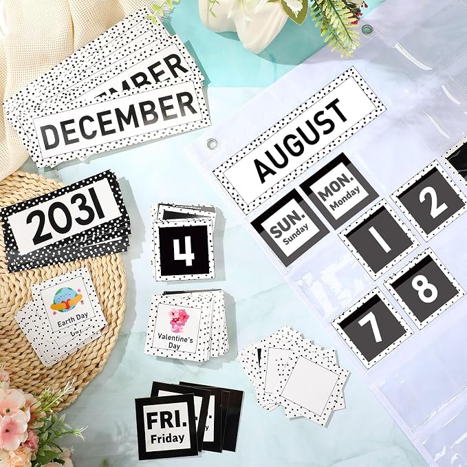 Sinload Classroom Calendar Pocket Chart Set Calendar Bulletin Board Set Seasons Festival Weather Pocket Chart for Classroom Decoration Back to School Supplies(Modern Farmhouse,White)