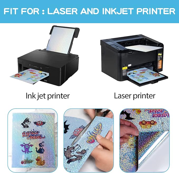20 Sheets Holographic Sticker Paper for Inkjet & Laser Printer 8.5x11 inch | Printable Vinyl Sticker Paper Self- Adhesive Waterproof Tear Resistant -Dots Style
