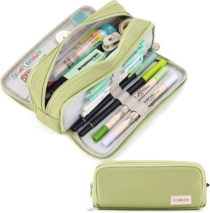 CICIMELON Large Capacity Pencil Case 3 Compartment Pouch Pen Bag for School Teen Girl Boy Men Women (Green)