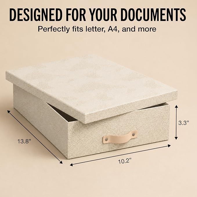 Bigso Oskar Fiberboard Document Storage Box with Lid for A4 and Letter Size Papers - Stylish, Sturdy, and Stackable Keepsake Box with Leather Handle - W10.2in x D13.8in x H3.3in - Waves Gold