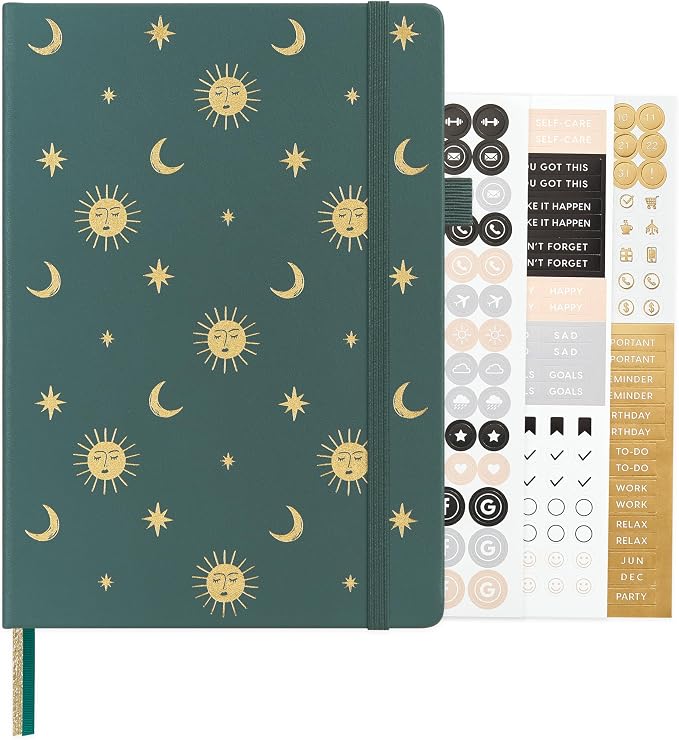 &And Per Se Dotted Journal Notebook, A5 Hardcover Aesthetic Dotted Notebook – 160 Pages 100gsm Thick Dot Grid Paper, 3 Sticker Sheets – Gift-Ready Journaling Kit for Women (Celestial Green)