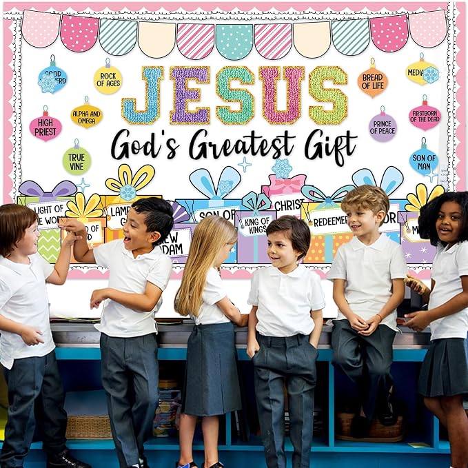 Christmas Bulletin Board Decorations Set Jesus God's Greatest Gift Christmas Classroom Bulletin Board Decor Religious Christian Xmas Ball Gift Boxes Cutouts for Holiday Church Sunday School Door Wall