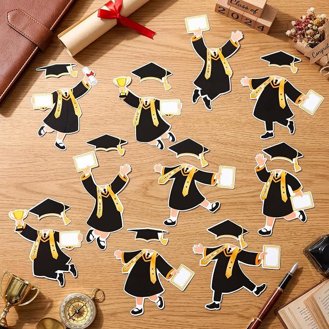 Fuutreo 60 Set Graduation Hat Gown Cutout Graduation Bulletin Board Decoration Black Gold Grad Paper Cut Outs Classroom Decor for Student DIY Craft Photo Kindergarten School Home Party Supplies