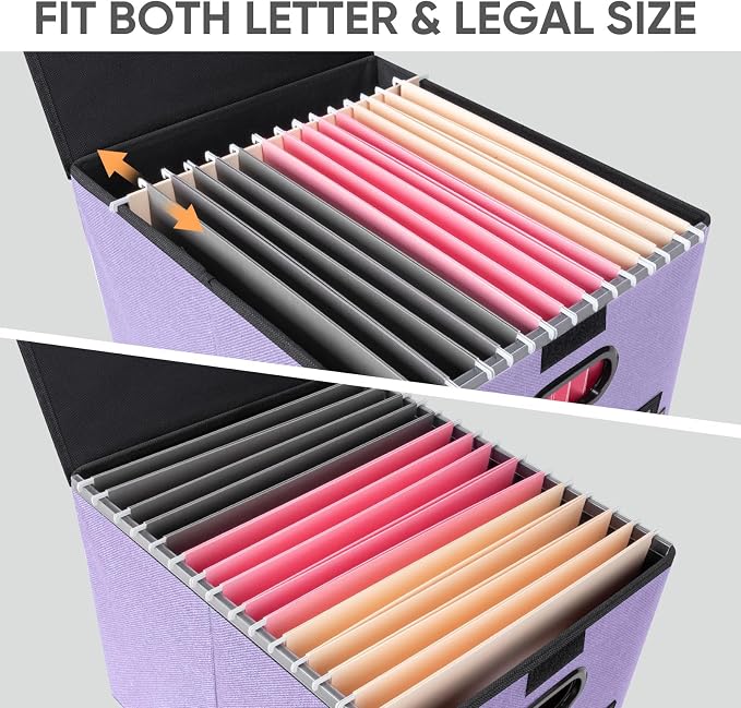 BALEINE File Organizer Box with Lid, Collapsible File Folder Organizer with Plastic Slide, Hanging File Folder Box for Office Document Storage (1 Pack, Purple)