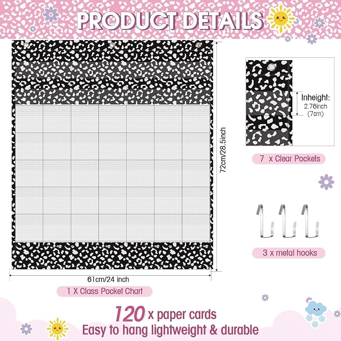 Sinload Classroom Calendar Pocket Chart Set Calendar Bulletin Board Set Seasons Festival Weather Pocket Chart for Classroom Decoration Back to School Supplies(Cool,Black White)