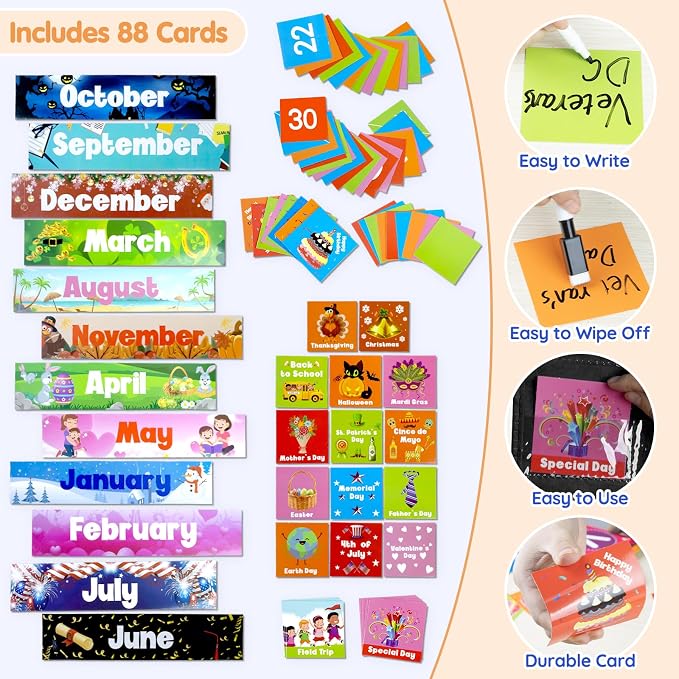 Classroom Calendar Pocket Chart with 88 Cards - Ideal for Homeschool, Classroom & Office, Durable Nylon Wall Hanging Calendar for Early Learning (Black)