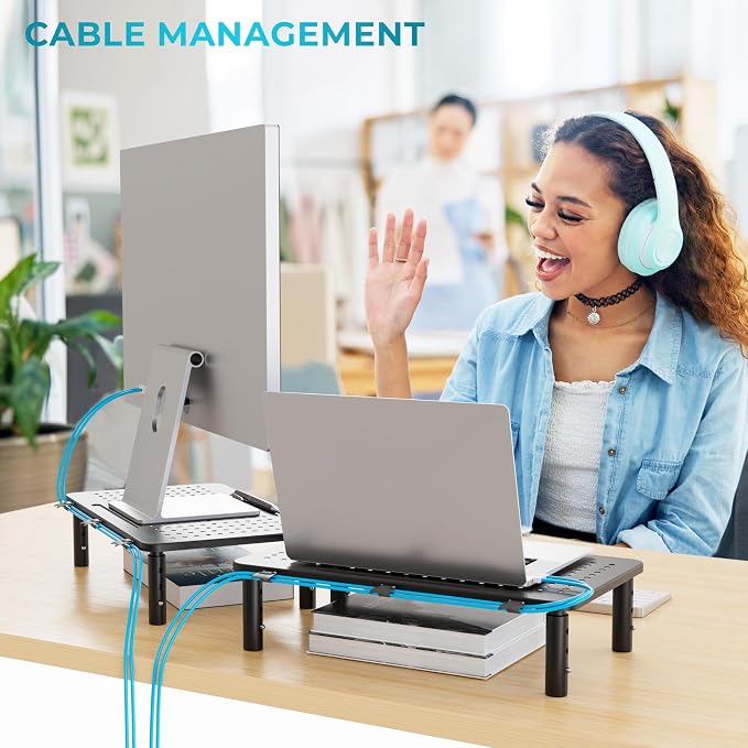BONTEC 1 Pack 3 Height Adjustable Monitor Stand Riser with Pen Holder, Ergonomic Metal Laptop Stand with Cable Management, Desktop Stand for Computer, Printer (Black, 14.3” x 9.1”)