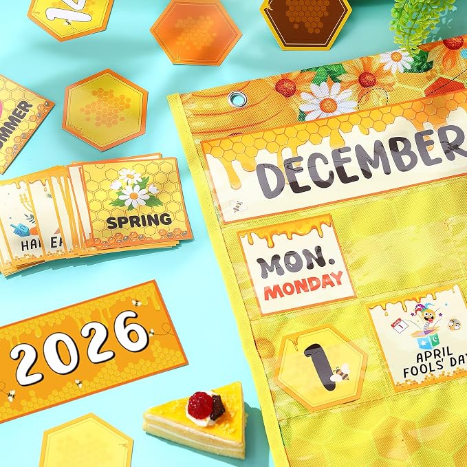 Sinload Classroom Calendar Pocket Chart Set Calendar Bulletin Board Set Seasons Festival Weather Pocket Chart for Classroom Decoration Back to School Supplies(Bee,Yellow)