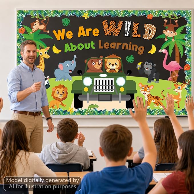 Jungle Animals Bulletin Board Set Safari Jungle Classroom Decorations We are Wild About Learning Monkey Elephant Lion Truck Wild Paper Cutouts for Summer Back to School Chalkboard Window Wall Decor