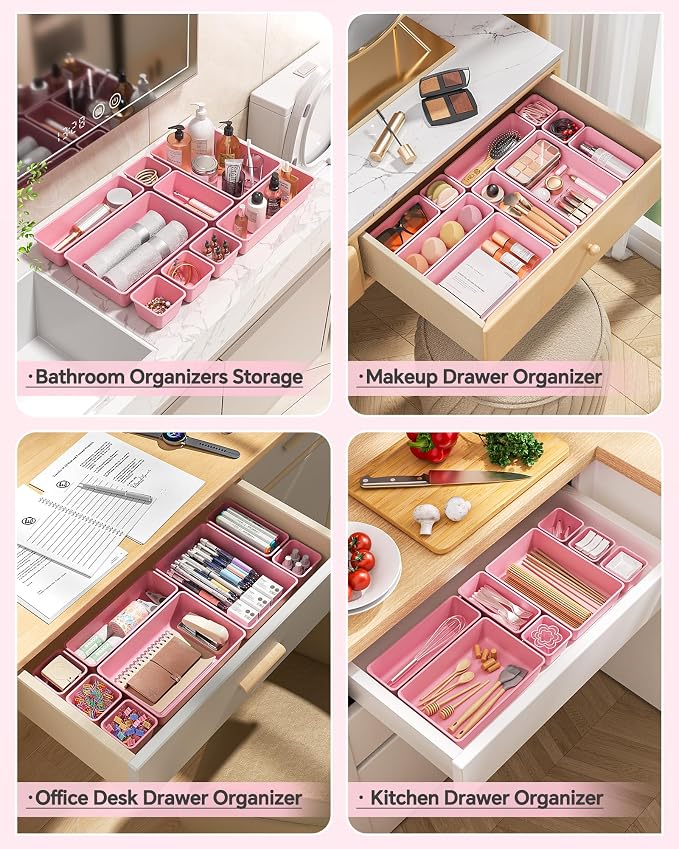 KEMETHY 25 PCS Plastic Drawer Organizers Set, 4 Sizes Vanity Organizer, Makeup and Desk Drawer Organizer Trays, Organization and Storage for Makeup, Bathroom, Kitchen Utensils and Office (Pink)