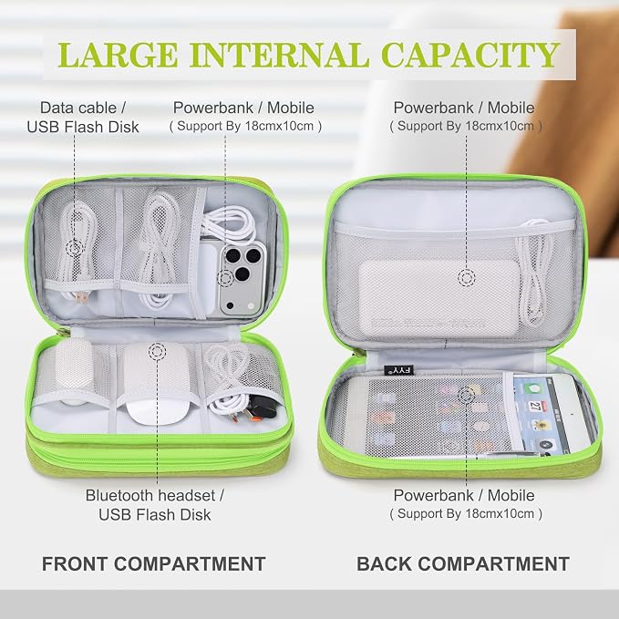 FYY Electronic Organizer, Large Travel Cable Organizer Bag Pouch Electronic Accessories Carry Case Portable Waterproof Double Layers All-in-One Storage Bag for Cable, Cord, Charger, Green