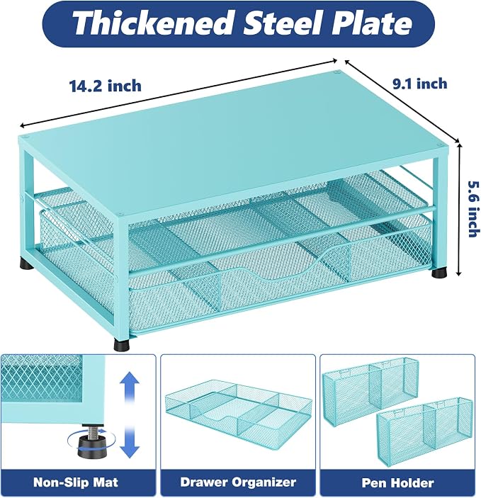 OPNICE Desk Organizers and Accessories, 2-Tier Computer Monitor Stand Riser with Drawer and 2 Pen Holders, Laptop Stand, Office Desk Accessories for Office Supplies, Teal Blue