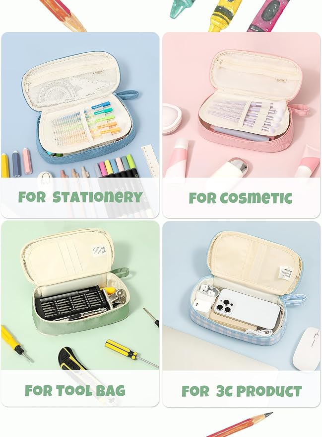 SUNEE Cute Pencil Case, Large Pencil Pouch, Aesthetic Big Pencil Bag with Zipper, Kawaii Stationery Storage and Organizer, School Supplies for Boys and Girls Teen, Heavy Duty Oxford Canvas, Sage Green
