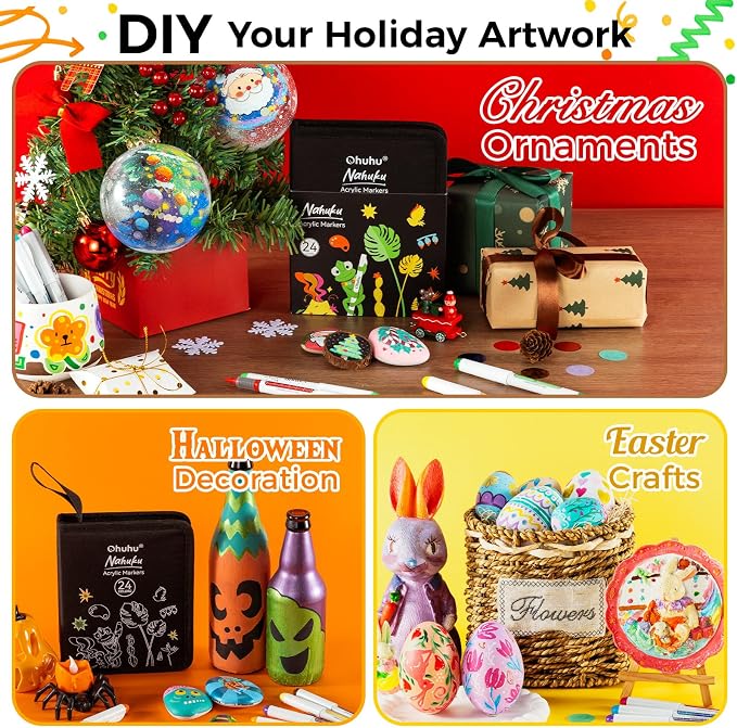 Ohuhu Acrylic Paint Markers Brush Tip 24 Colors Automatic Ink Control Acrylic Markers High Opacity Paint Pens for Rock Painting 3D Prints Easter Eggs Wood DIY Crafts - Nahuku