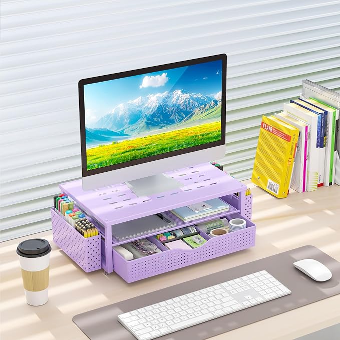 gianotter Desk Organizers and Accessories, Monitor Stand with Drawer and 2 Pen Holder, Purple Desk Accessories, Computer Stand Suitable for Offices and Dormitories (Purple)