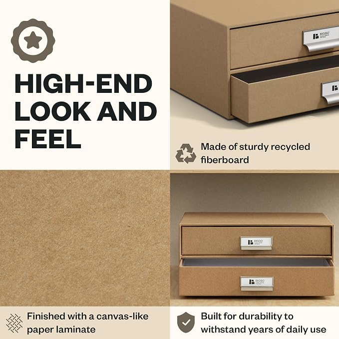 Bigso Birger 2-Drawer Fiberboard Document Letter Box - Paper Storage Drawers for A4 and Letter Sized Documents - Desktop Drawers with Label Holder - W 13.1 x D 10 x H 5.7 (inches) - Kraft