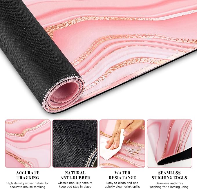 Gimars 4 in 1 Mouse Pad and Keyboard Wrist Rest Set, Large Mouse Pad with Memory Foam Wrist Support Pad for Desk with Coaster, Easy Typing Pain Relief, Gaming Office Home, 31.5x12 inch, Pink Golden