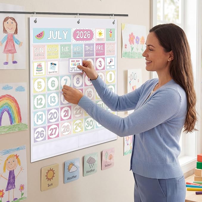 Sinload Classroom Calendar Pocket Chart Set Calendar Bulletin Board Set Seasons Festival Weather Pocket Chart for Classroom Decoration Back to School Supplies(Colourful,White)