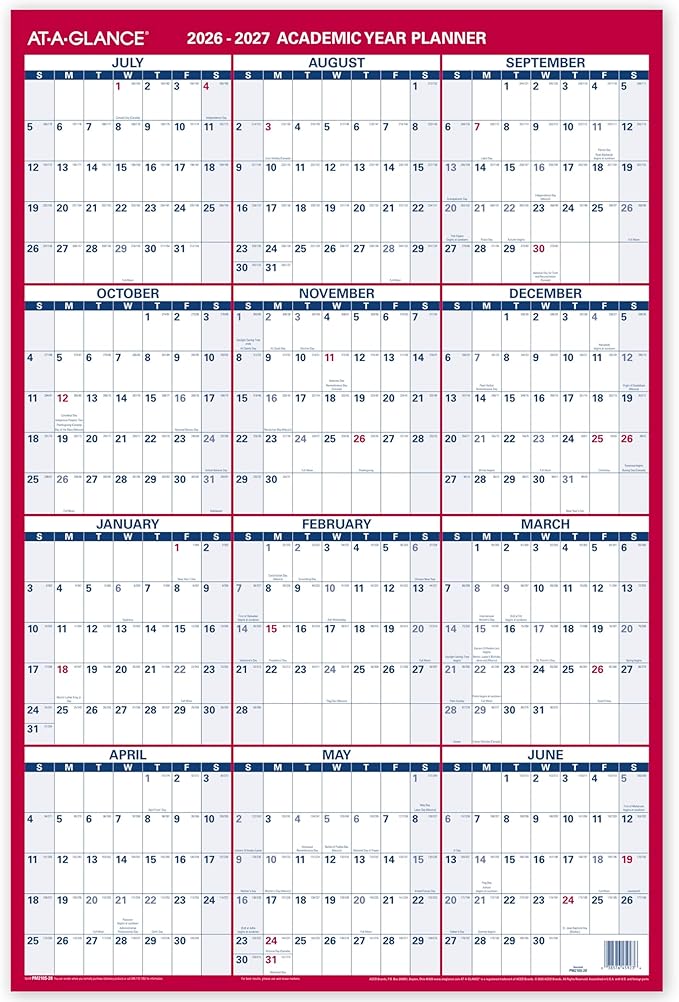 AT-A-GLANCE Dry Erase Calendar 2026-2027 Academic & Regular Year Wall Planner, 12-Month, 24" x 36", Double Sided, Vertical (PM210S28)