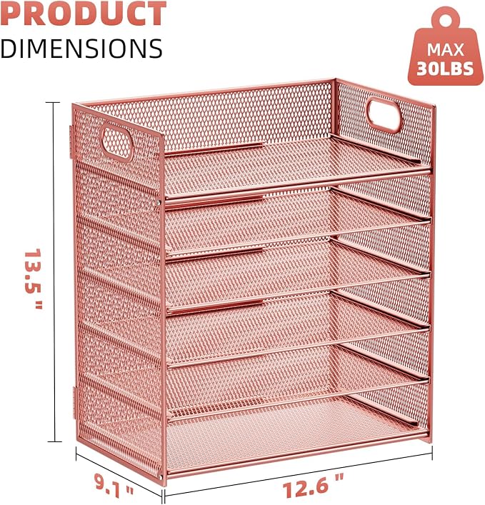 Marbrasse 2 Pack Desk Organizer with Handle, 6 Tier Paper Letter Tray, Mesh Desk File Organizer for Office, School and Home - Rose Gold