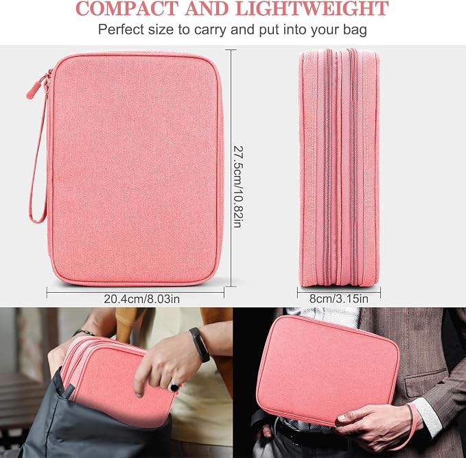 FYY Electronic Organizer, Extra Large Travel Cable Organizer Bag Pouch Portable Waterproof Double Layers All-in-One Storage Bag for iPad, Cable, Power Bank, Laptop Charger for Office/Home, Pink