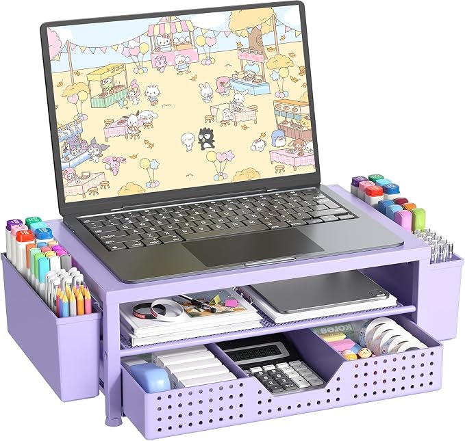 OPNICE Laptop Stand for Desk Organizer, Computer Monitor Stand Riser with Drawer and 2 Pen Holders, Ventilated Perforated Steel Top, Office Desk Accessories for Home Office Supplies, Purple