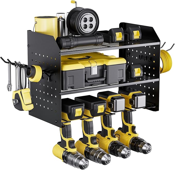 TRZZ Power Tool Organizer Wall Mount, 3-Layer Drill Holder with 2 Side Pegboards, Cordless Drill Rack with 4 Hooks, Efficient Storage for Workshop, Garage, and Tool Room (Black) | 2 Side Pegboards, 4 Hooks, Cordless Drill Holder, Efficient Storage, for...