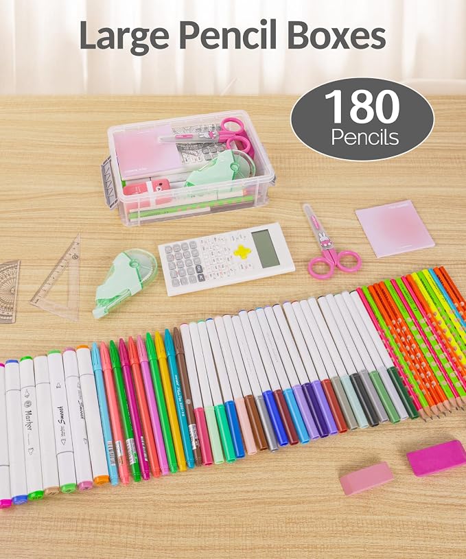 Sooez 6 Pack Extra Large Pencil Box, Plastic Pencil Case Crayon Box Bulk, Clear Marker Organizer Plastic Containers with Lid, Stackable Storage Boxes for Art Craft, Pen, Back to School Supplies, Black