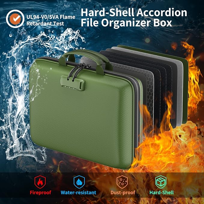 DocSafe Fireproof File Organizer with Lock, Hard-Shell Case Fireproof Document Box with 13 Pocket Accordion File Folder, Portable Home Office Travel Safe Storage for Important Documents Laptop Green