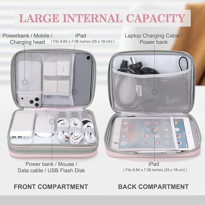 FYY Electronic Organizer, Extra Large Travel Cable Organizer Bag Pouch Portable Waterproof Double Layers All-in-One Storage Bag for iPad, Cable, Power Bank, Laptop Charger for Office/Home, Light Pink