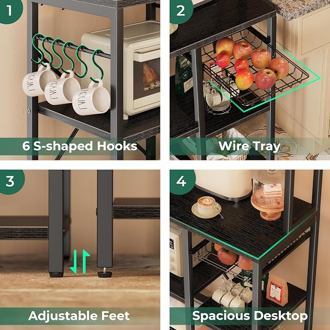 SUPERJARE Bakers Rack with Power Outlet, 35.4 Inches Coffee Bar with Wire Basket, Kitchen Microwave Stand with 6 S-Shaped Hooks, Open Storage Shelves, Black ABR013B