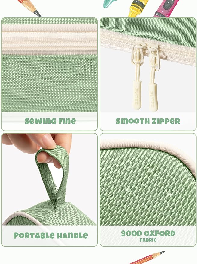 SUNEE Cute Pencil Case, Large Pencil Pouch, Aesthetic Big Pencil Bag with Zipper, Kawaii Stationery Storage and Organizer, School Supplies for Boys and Girls Teen, Heavy Duty Oxford Canvas, Sage Green