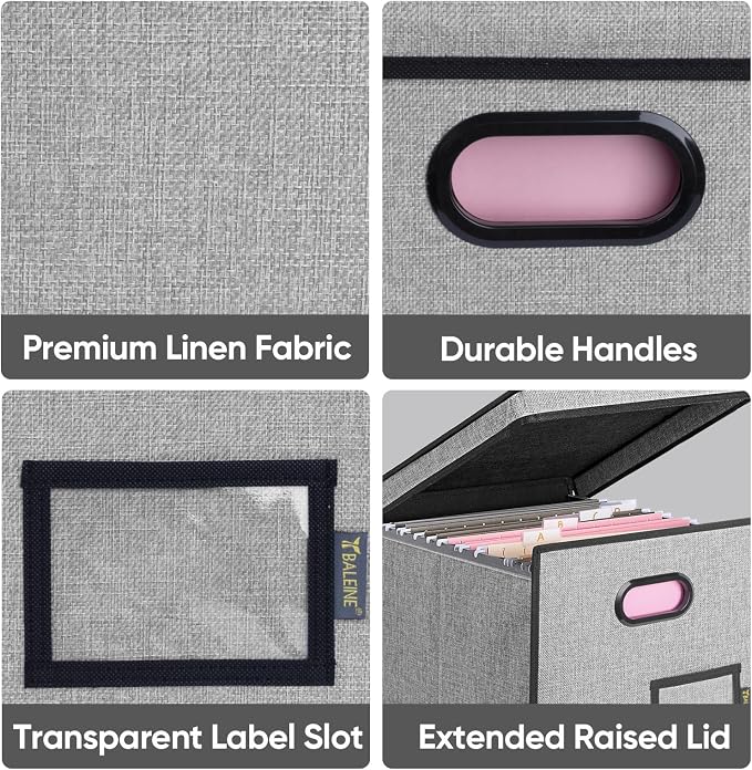 BALEINE File Organizer Box with Lid, Collapsible File Folder Organizer with Plastic Slide, Hanging File Folder Box for Office Document Storage (Tab Friendly, 2 Pack, Grey)