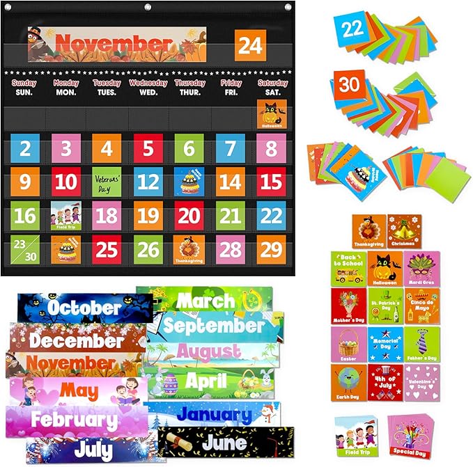 Classroom Calendar Pocket Chart with 88 Cards - Ideal for Homeschool, Classroom & Office, Durable Nylon Wall Hanging Calendar for Early Learning (Black)