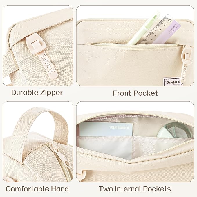 Sooez Original High Capacity Pencil Case, Big Pencil Bag Pouch Box Organizer Pen Case, Aesthetic Supply for Girls Adults, Portable Journaling Supplies with Easy Grip Handle & Loop, Beige