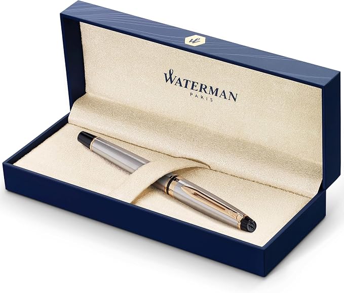 Waterman Expert Rollerball Pen Stainless Steel with 23k Gold Trim Fine Point Black Ink Gift Box