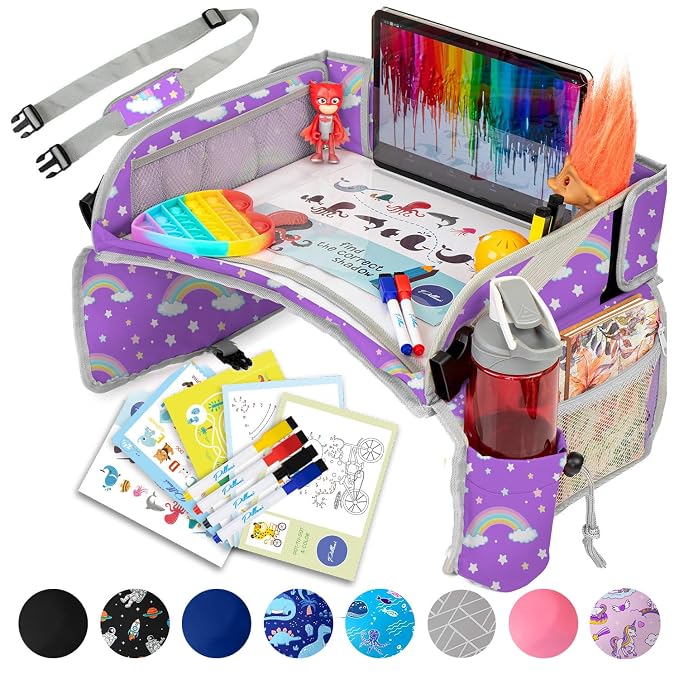 PILLANI Kids Travel Tray for Car - Car Seat Tray for Kids w/ Tablet & Cup Holder - Toddler Travel Activities for Car & Airplane - Road Trip Essentials & Must Haves - Carseat Table Roadtrip Activities