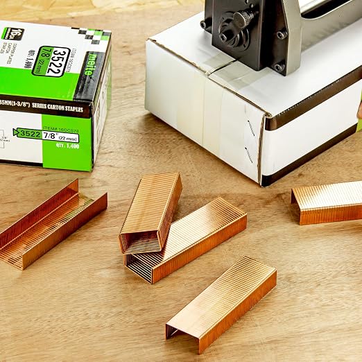 meite Carton Closing Staples 1-3/8" Wide Crown 7/8" Leg 1,400PCS x 2 Boxes | Copper-Coated 16 Gauge Carton Staples for Pneumatic or Manual Box Stapler Gun - Cardboard Closer Packaging