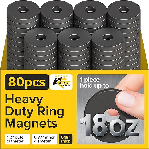 Heavy Duty Ring Magnets - Ultra Strong (1.2x0.18/30x4.5mm, 80 pcs) Magnets with Holes for DIY & Crafts - Space Organization Set for Home, Workshop, Refrigerator, Whiteboard, Office, Classroom