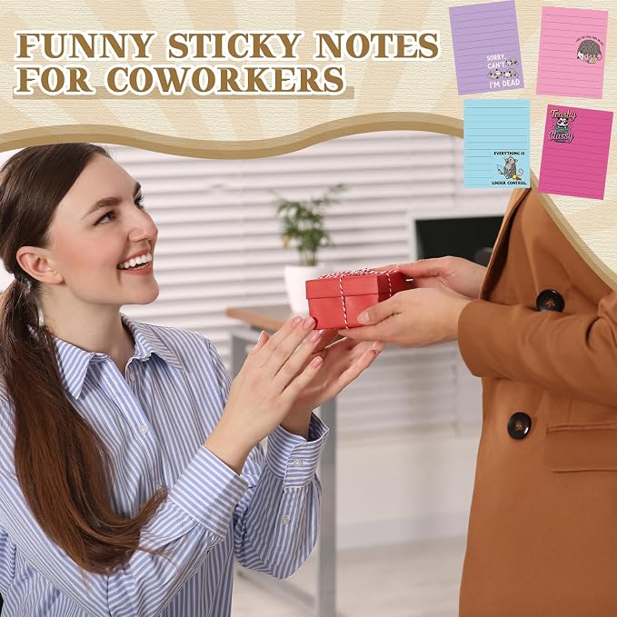 12 Pcs Funny Sticky Notes for Work 4x3 Inches Sarcastic Self Adhesive Notepads Novelty Memo Pads for Office Coworker Gifts Employee Appreciation Supplies(Opossum-Lines,Multi Color)