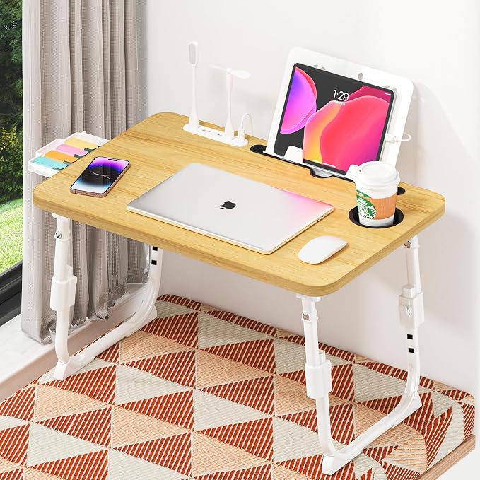 Lap Desk for Bed, Adjustable Laptop Desk with USB Charging Port, Storage Drawer & Bookshelf — Foldable Bed Desk for WFH & Students, 23.6" Desktop Fits 22" Laptop, Non-Slip, Wood