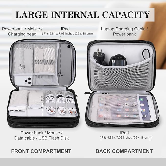 FYY Electronic Organizer, Extra Large Travel Cable Organizer Bag Pouch Portable Waterproof Double Layers All-in-One Storage Bag for iPad, Cable, Power Bank, Laptop Charger for Office/Home, Black