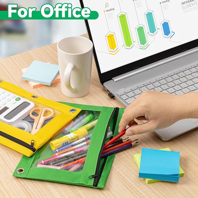 Pencil Pouch for 3 Ring Binder, Bulk 36 Pack 3-Holes Zipper Pencil Pouches in Assorted Colors, Sturdy and Durable Cloth Pencil Holder with Clear Window for Office School College Supplies (36)