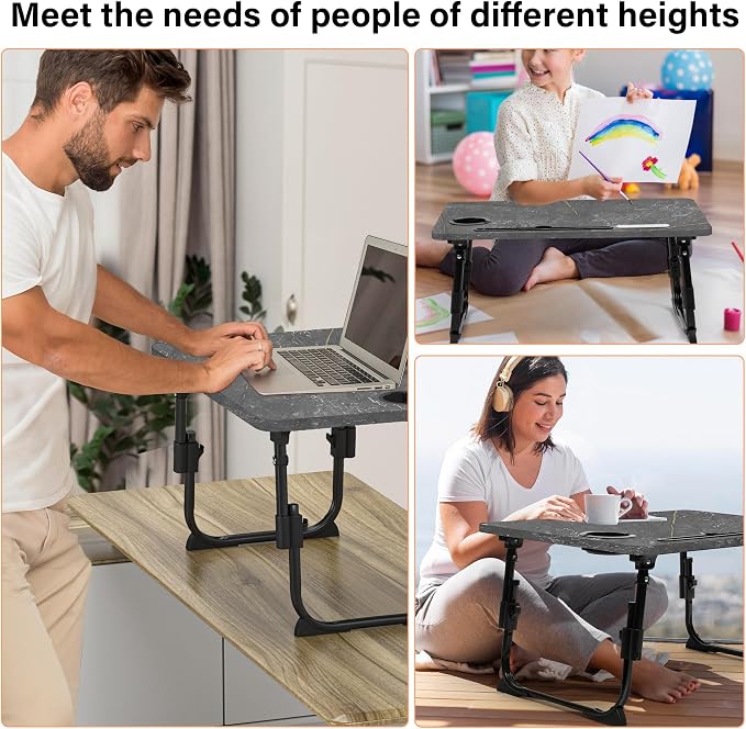Lap Desk for Bed, Adjustable Laptop Desk with USB Charging Port, Storage Drawer & Bookshelf — Foldable Bed Desk for WFH & Students, 23.6" Desktop Fits 17" Laptop, Non-Slip, Deep Stone Texture