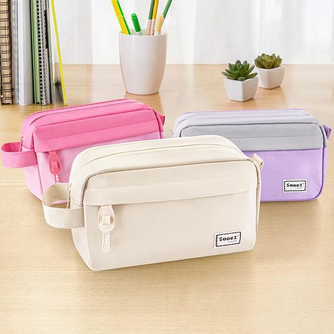 Sooez Original High Capacity Pencil Case, Big Pencil Bag Pouch Box Organizer Pen Case, Aesthetic Supply for Girls Adults, Portable Journaling Supplies with Easy Grip Handle & Loop, Beige
