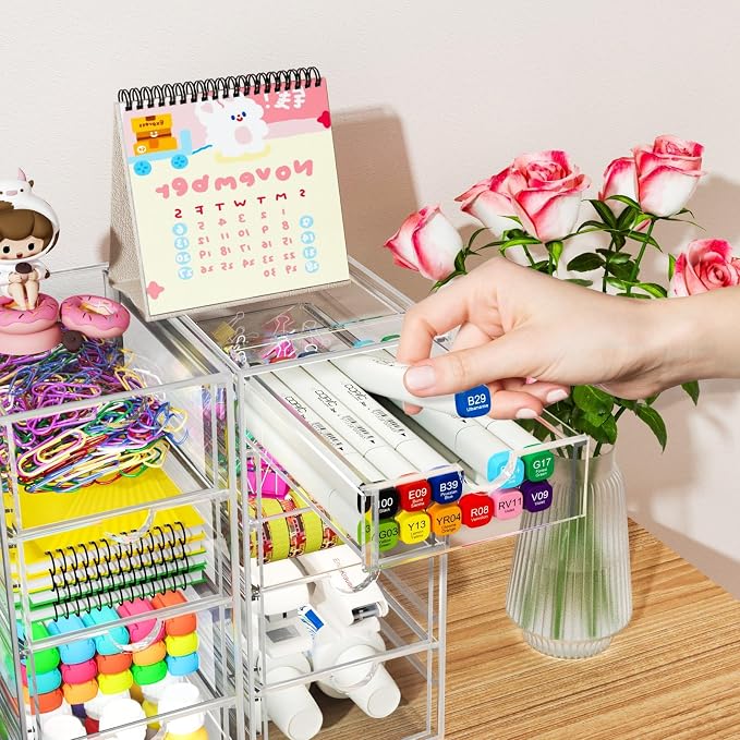 ARSTPEOE 22 Drawers, Acrylic Desk Makeup Organizer, Plastic Drawers Organizer, Stackable Storage Solution for Makeup, Dresser, Office, Bathroom Clear Plastic Craft and Bead Storage Cabinet