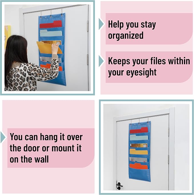 Mr. Pen- Hanging Wall File Organizer, 6 Pocket, Blue | 3 Overdoor Hangers Included, Over The Door File Organizer, Hanging Folder Organizer, Wall Folder Organizer